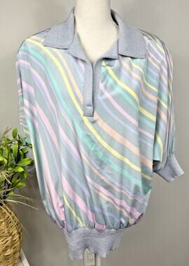 Anthony Sicari Vintage 80's Striped Collared Top Shirt w Shoulder Pads Sz 12 (L)